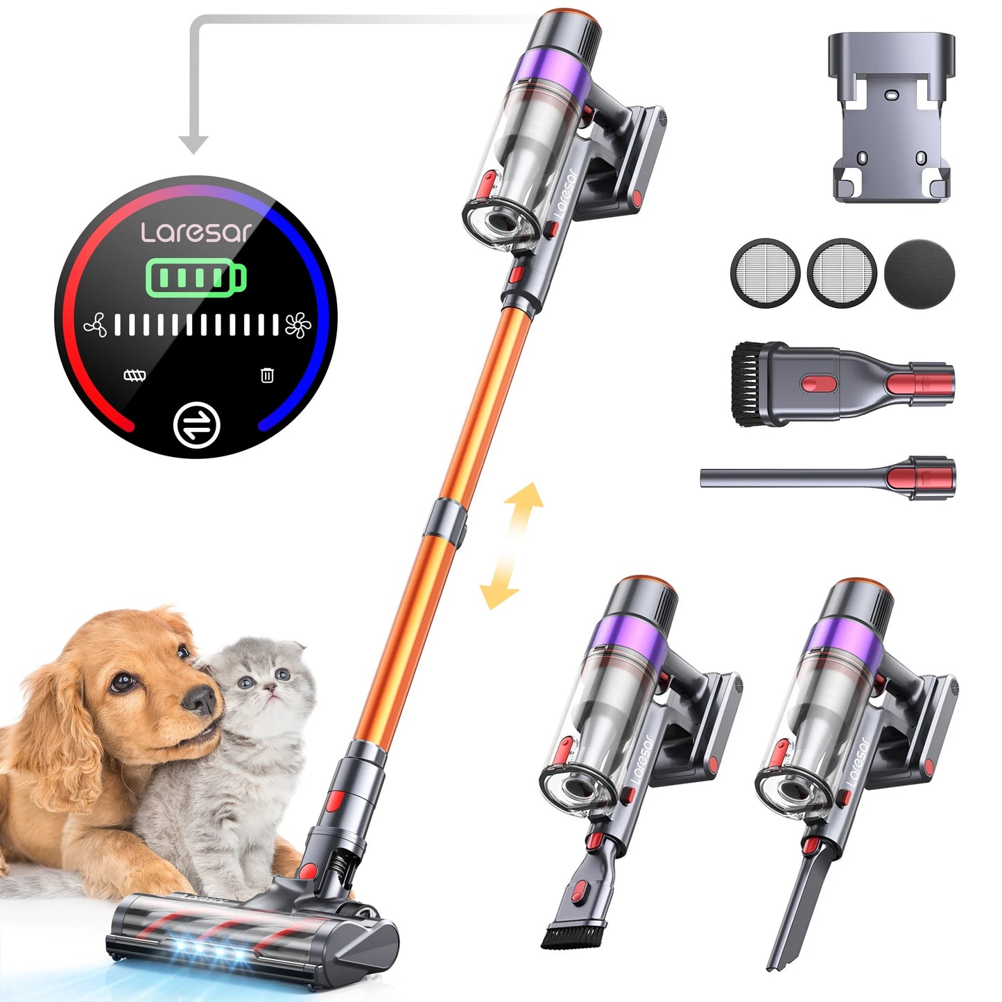 Laresar Elite 8 Cordless Vacuum Cleaner Handheld Home Appliance 450W Powerful smart home Touch Screen 55 Mins Detachable Battery